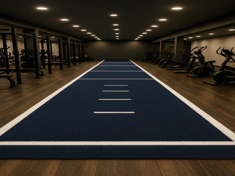 Профессиональные монтажники наносят клей на основание перед укладкой спортивного астропокрытия.